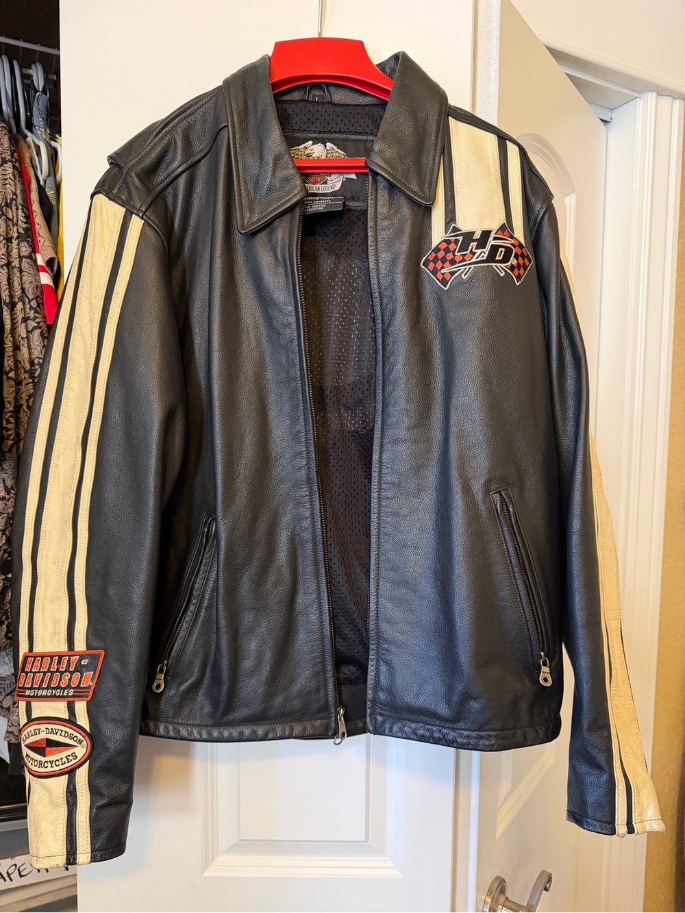 Harley-Davidson Black Leather Jacket with Cream Stripes and Patches